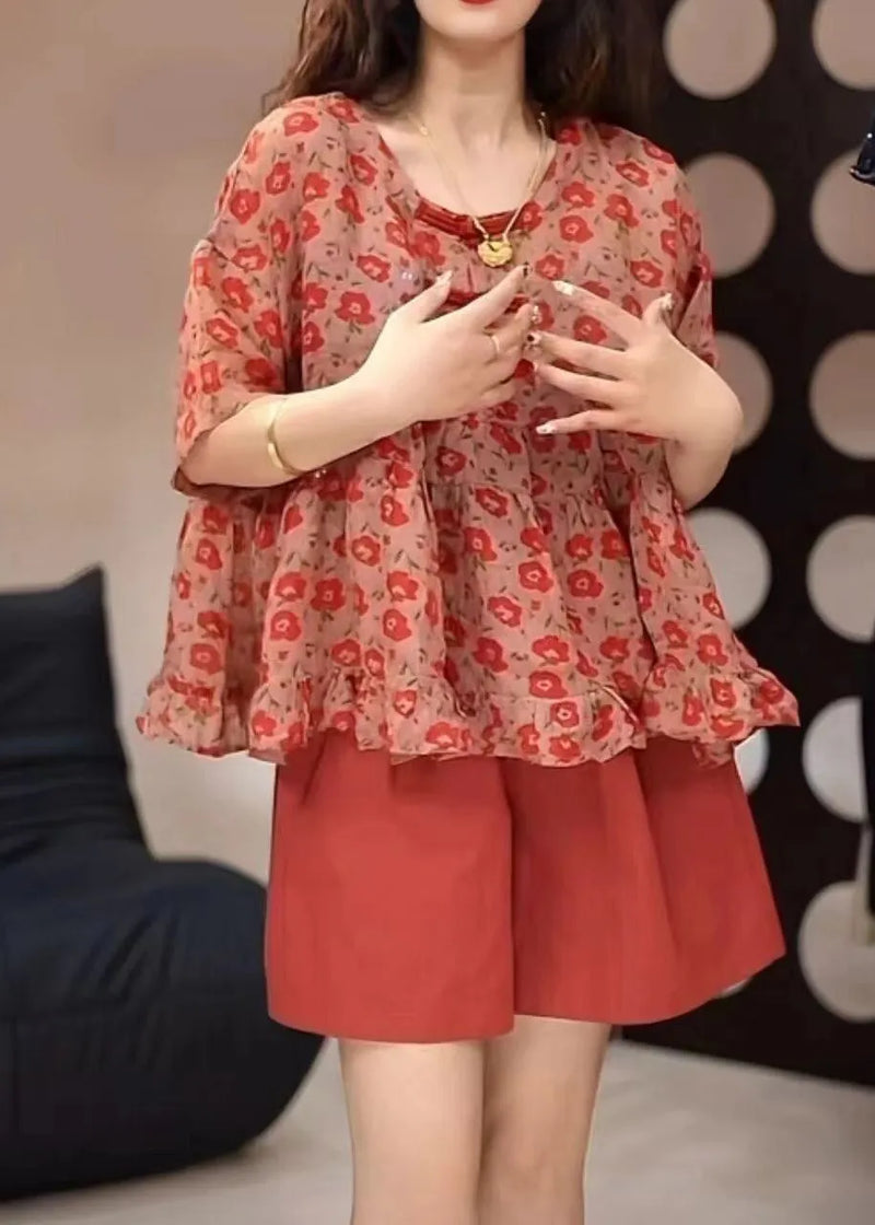 Loose Red O-neck Print Top and Shorts Two Pieces Set Summer
