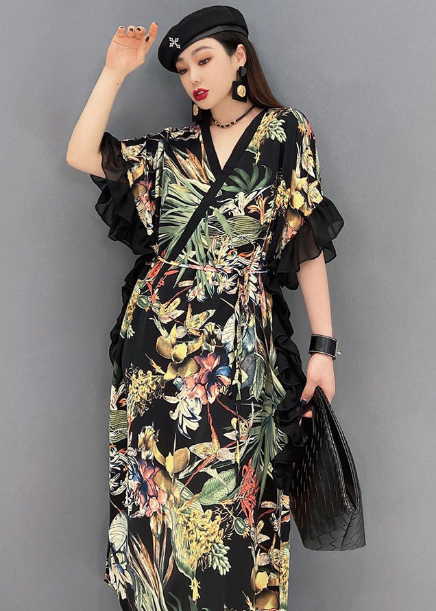 Green Print Ruffled Patchwork Chiffon Long Dress Short Sleeve