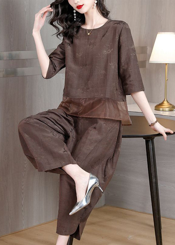 Brown Patchwork Linen Two-piece Set Oversized Jacquard Spring