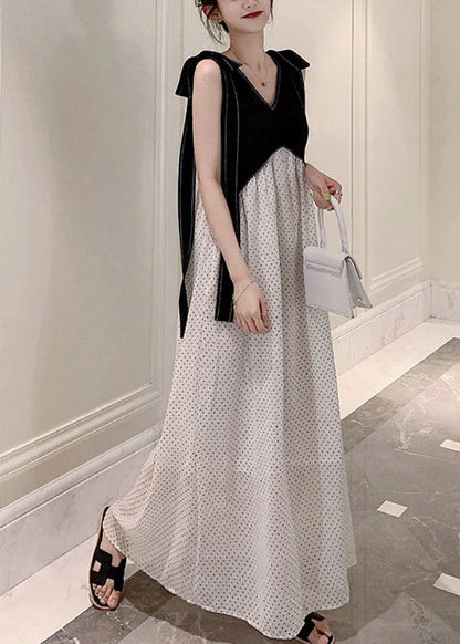 Diy Black White V Neck Patchwork Dot Maxi Dresses Summer