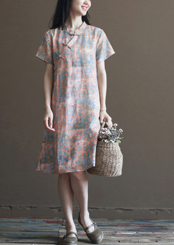 Pink Stand Collar Print Linen Cheongsam Dress Short Sleeve