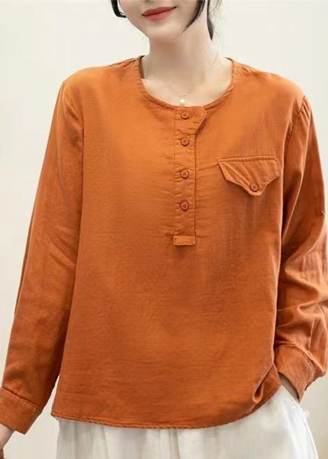 Simple Orange O-neck Patchwork Button Tops Long Sleeve