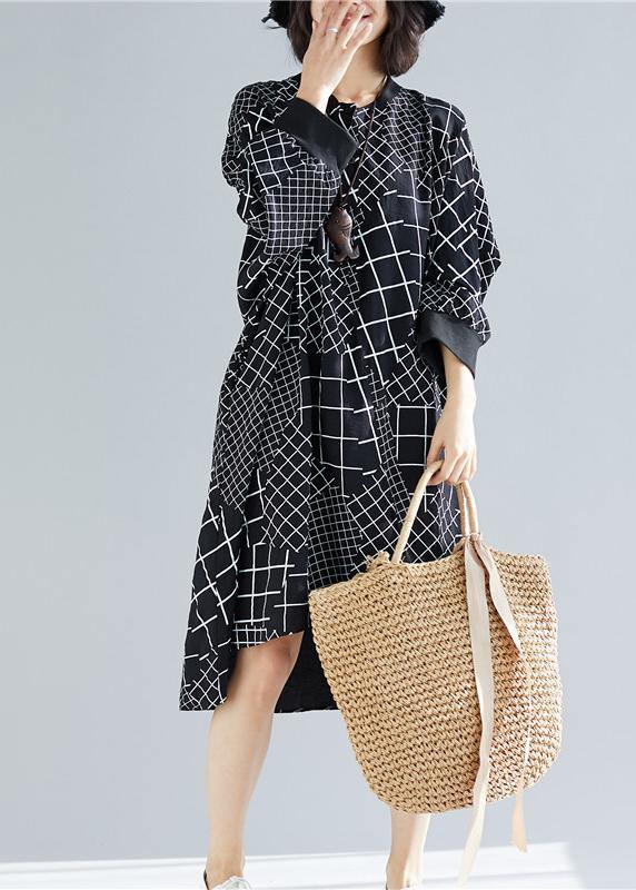 Vivid Black Plaid Quilting Dresses O Neck Asymmetric Robe Spring Dress
