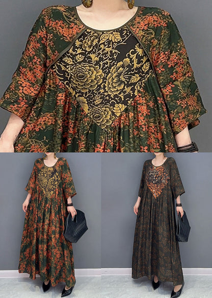 Green O Neck Print Patchwork Cotton Maxi Dresses Spring