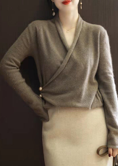 Modern Chocolate V Neck Thick Cashmere Knitted Sweater Tops Long Sleeve