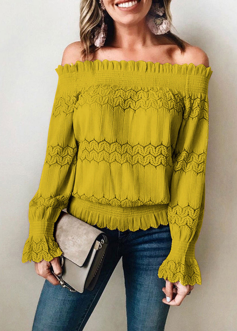 Pink Slash Neck Ruffled Lace Blouse Tops Summer