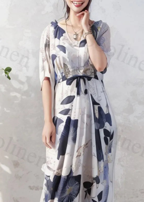 Loose O-neck Print Wrinkled Silk Long Dress Summer