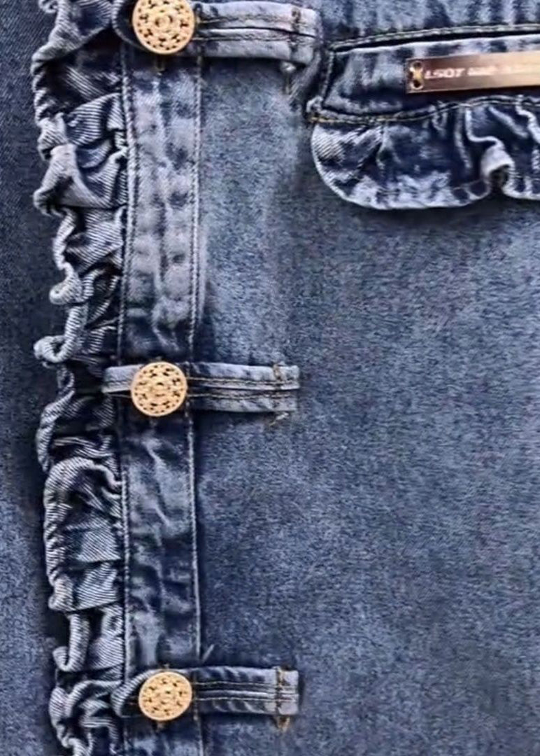 New Blue Ruffled Button Denim Blouse Long Sleeve Spring