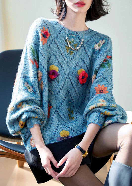 Blue O-neck Hollow Out Knit Sweaters Batwing Sleeve