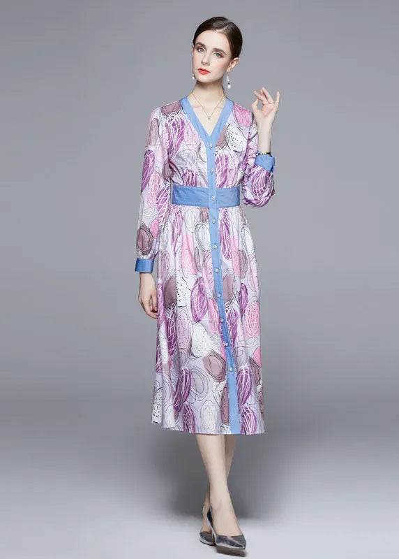 Light Purple V Neck Patchwork Print Cinch Dress Long Sleeve