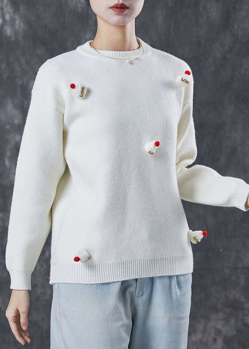 Modern White Fuzzy Ball Decorated Thick Knit Sweaters Winter