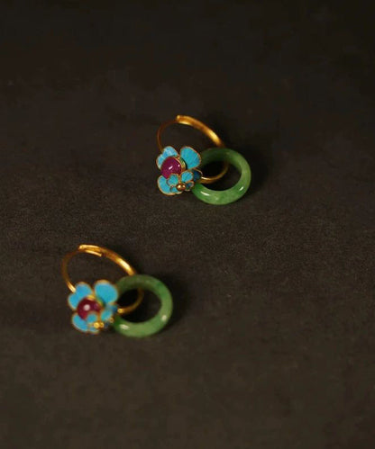 Green Sterling Silver Overgild Jade Enamel Ping Buckle Hoop Earrings