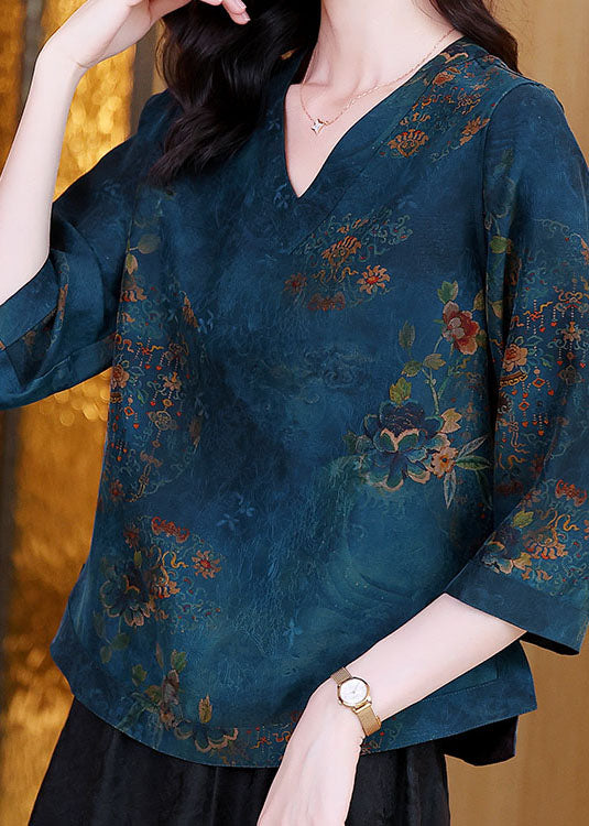 Blue V Neck Patchwork Print Silk Blouse Tops Spring