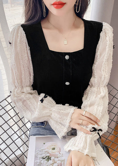 Black White Square Collar Bow Lace Patchwork Tops Spring