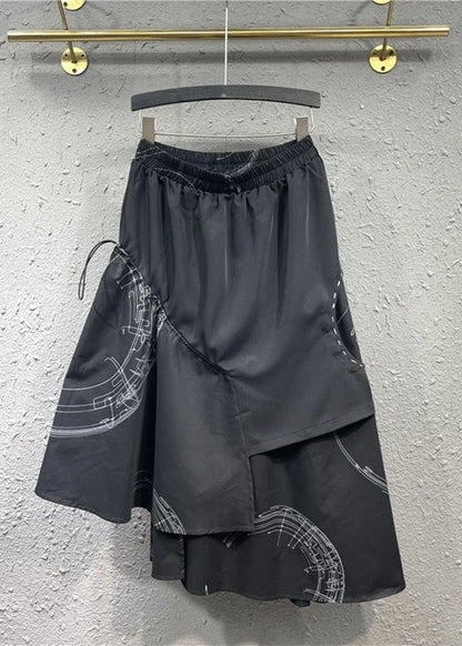 Loose Black Asymmetrical Patchwork Elastic Waist Maxi Skirt Spring
