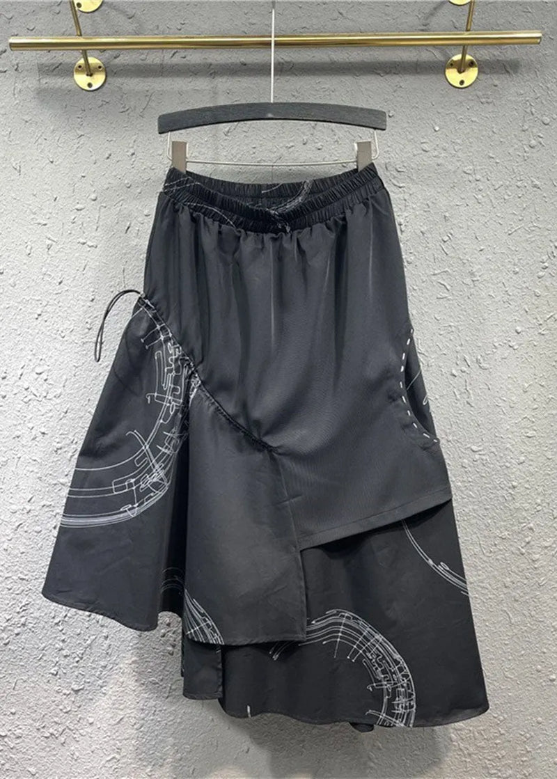 Loose Black Asymmetrical Patchwork Elastic Waist Maxi Skirt Spring