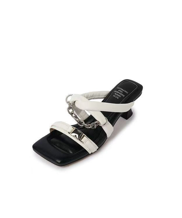 Stylish Splicing High Heel Gold Cowhide Leather Slide Sandals