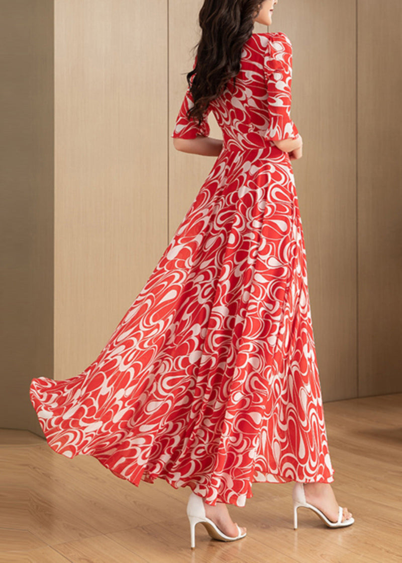 Red V Neck Print Chiffon Long Dress Summer