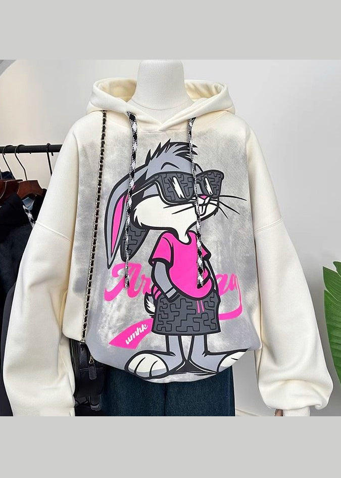 Grey Hooded Cartoon Print Cotton Sweatshirts Spring