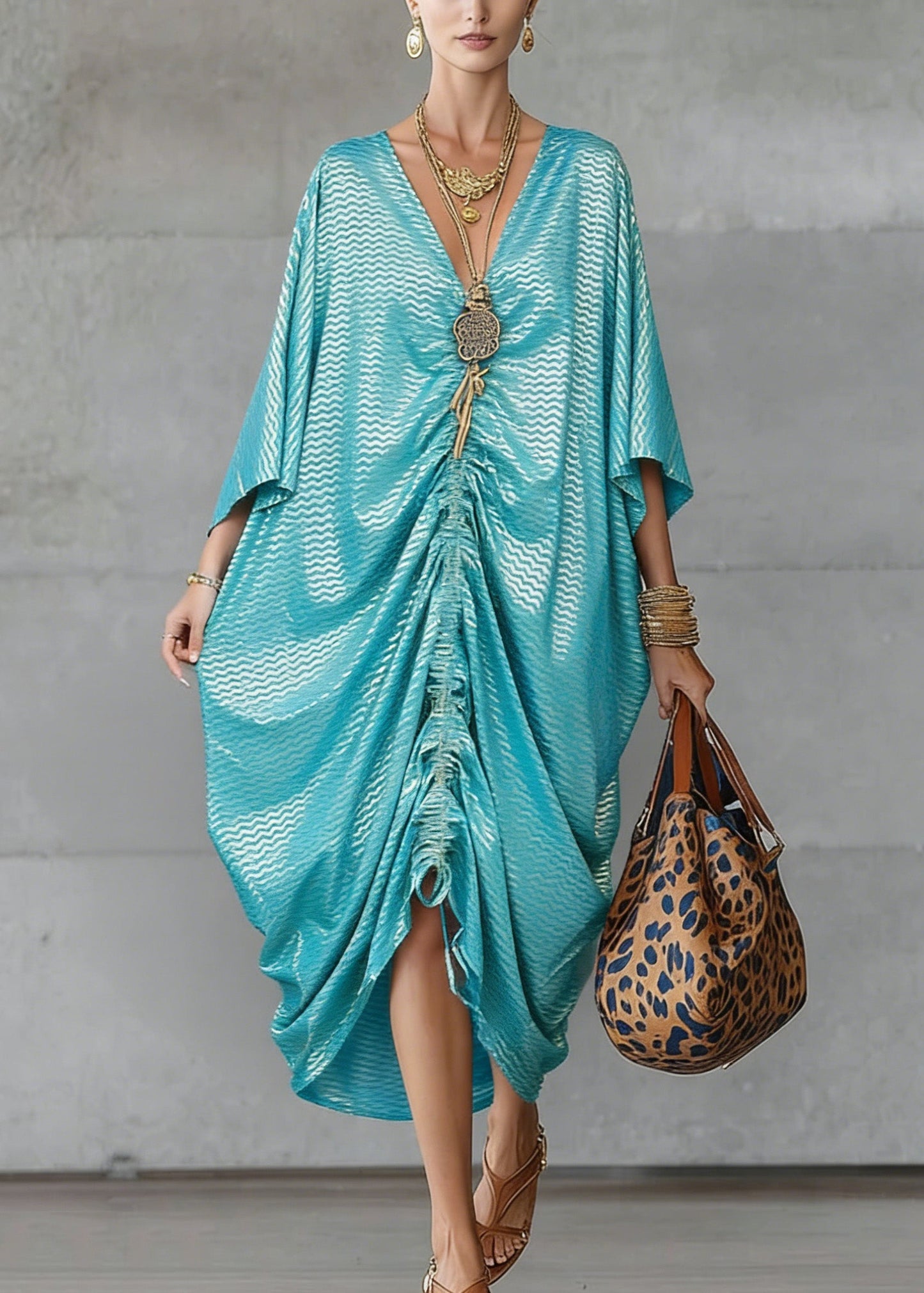 Loose Green V Neck Asymmetrical Design Drawstring Dresses Summer