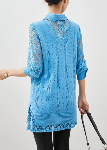 Art Sky Blue Lace Up Knit Vest Dress Two Piece Set Clothing Spring