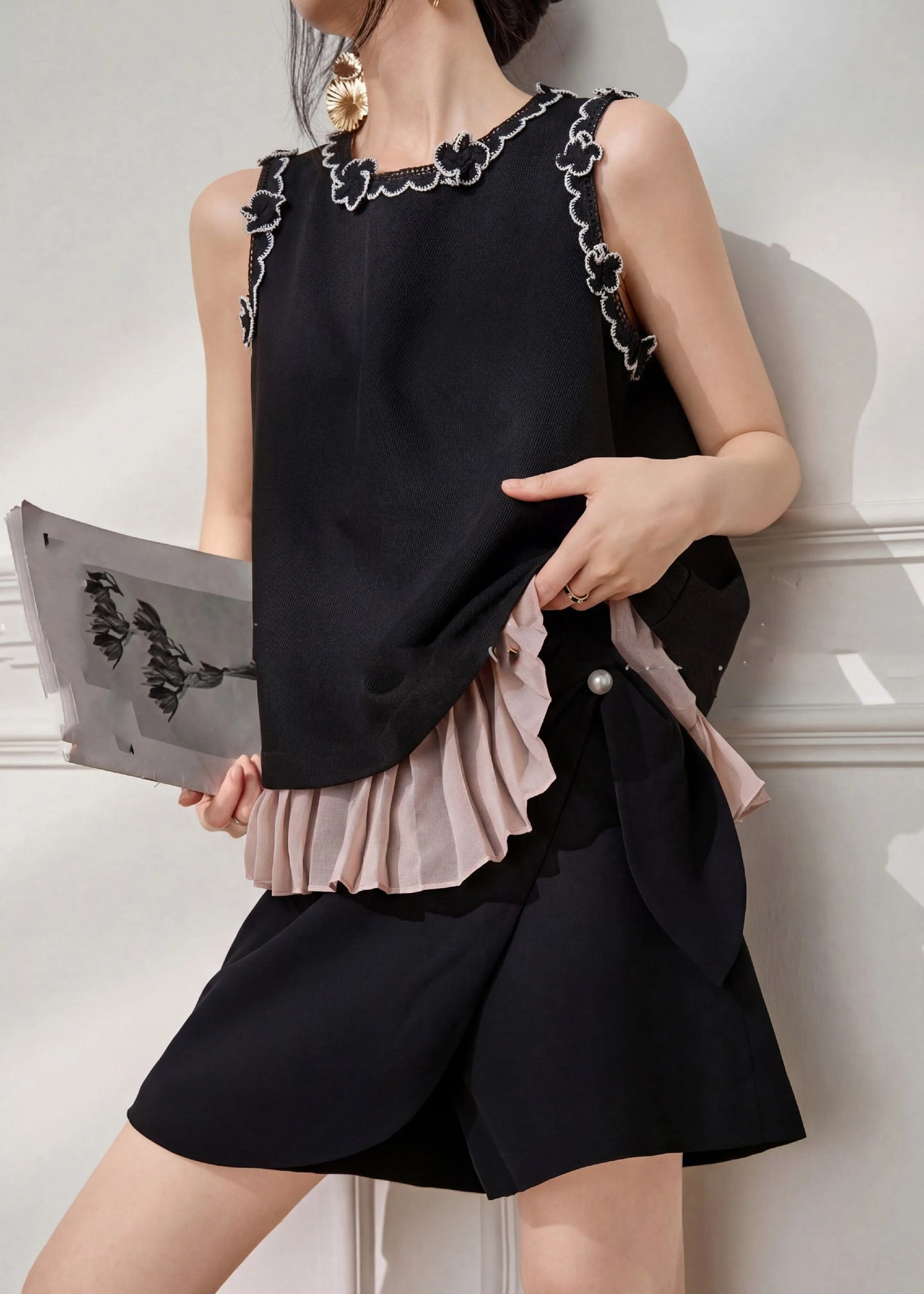 Organic Black O-neck Patchwor Top and Skirts Two Pieces Set Sleeveless