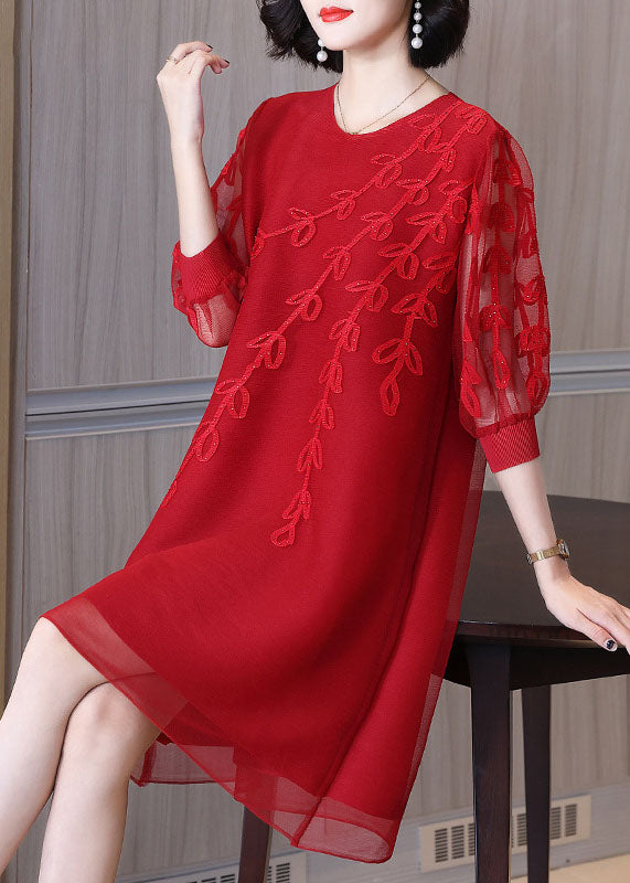Stylish Red Embroideried Tulle Mid Dress Bracelet Sleeve
