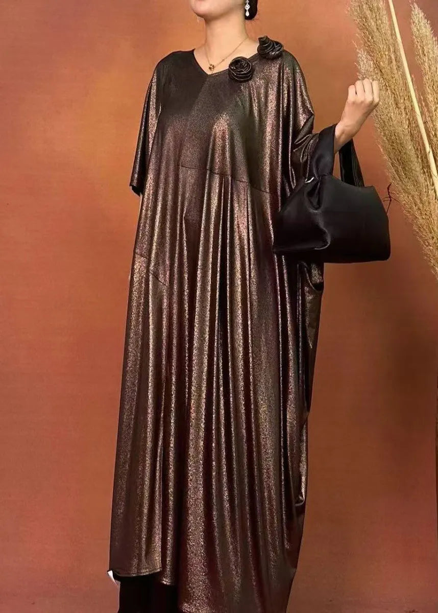 Loose Brown O-neck Patchwork Silk Maxi Dresses Spring