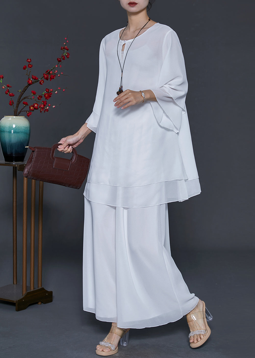 White Layered Chiffon Two Pieces Set Oversized Summer