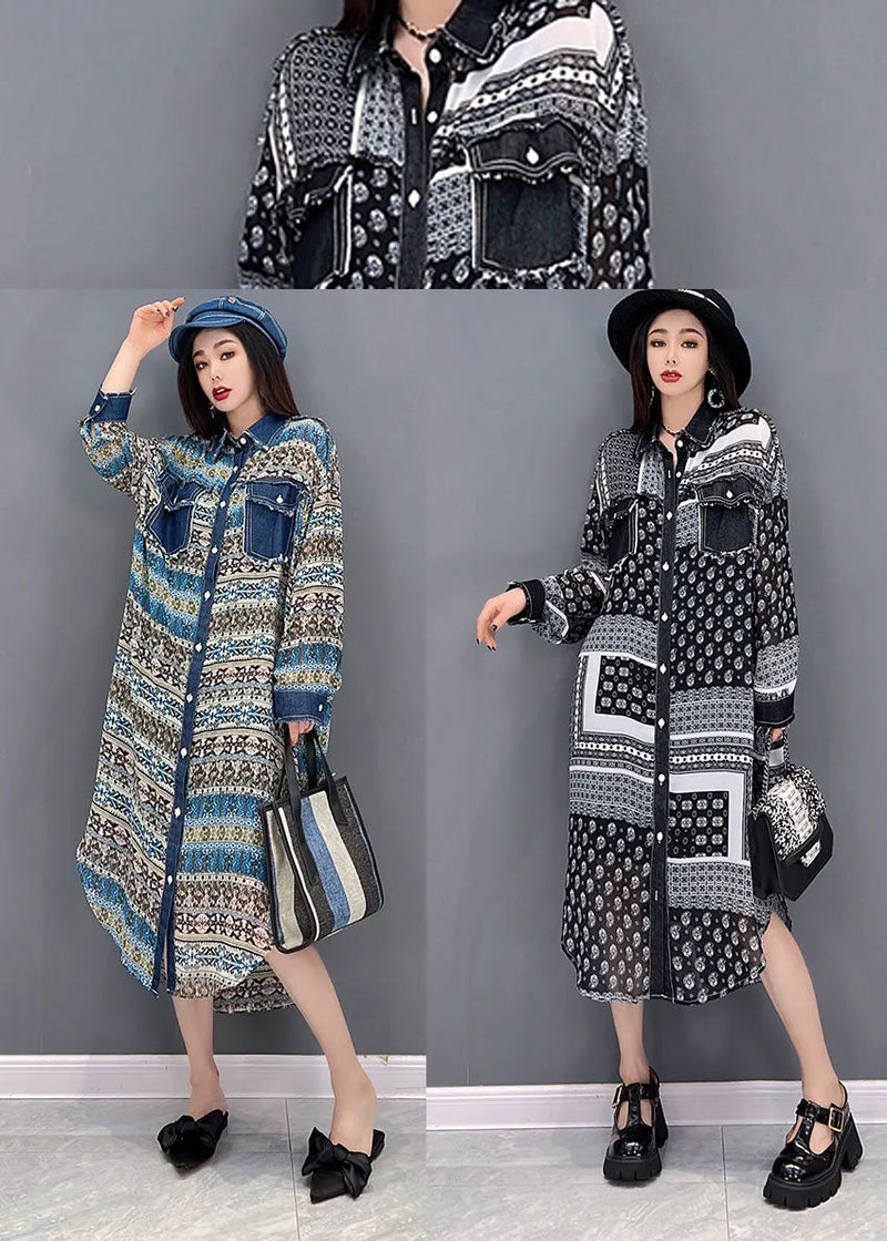 Blue Peter Pan Collar Denim Patchwork Chiffon Shirt Dress Long Sleeve