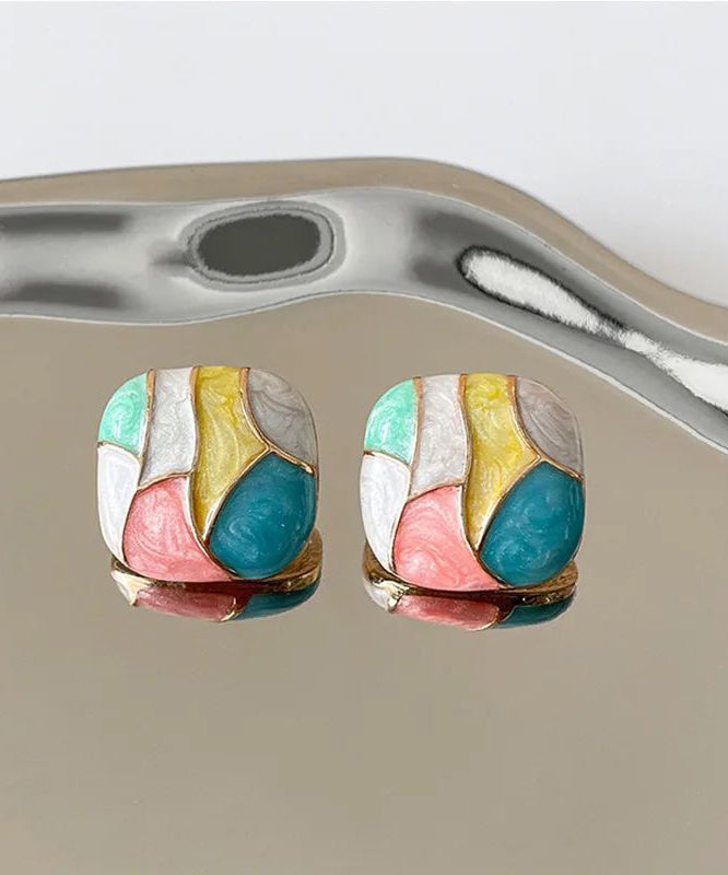 New Alloy Enamel Square Contrast Color Stud Earrings Female Sweet