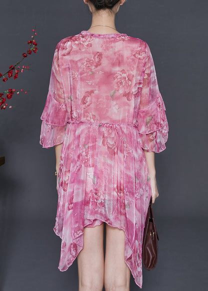 Rose Asymmetrical Print Chiffon Mini Dress Two Piece Set Summer