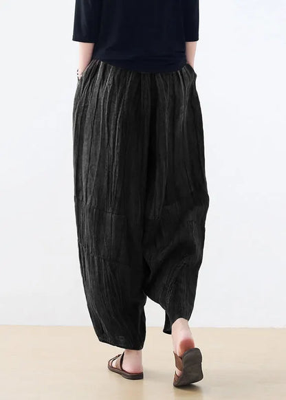 Black Pockets Linen Harem Pants Summer
