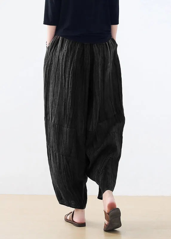 Black Pockets Linen Harem Pants Summer