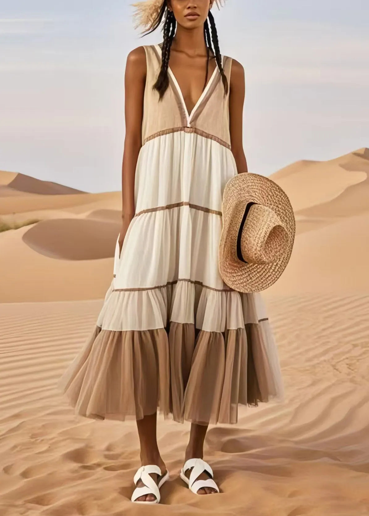 Khaki Patchwork Tulle Sundresses V Neck Summer