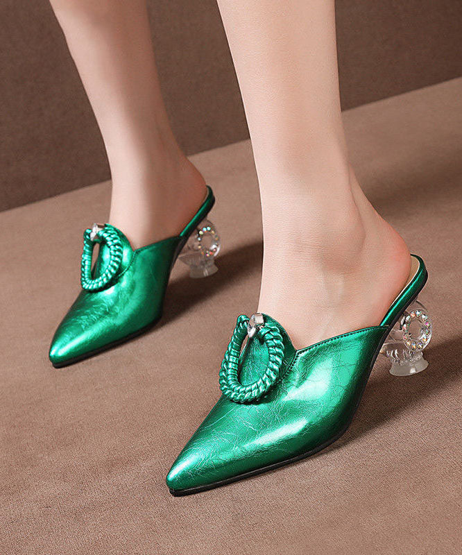Pointed Toe Chunky Clear Heels Green Cowhide Leather Slide Sandals