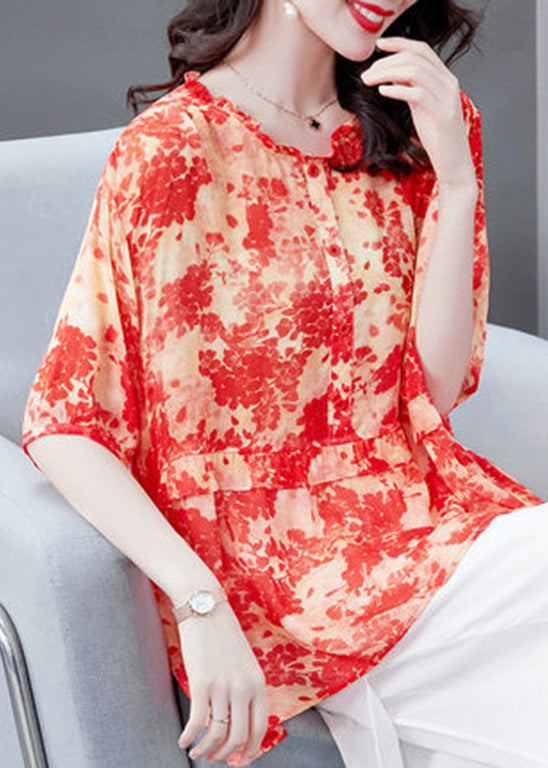 Watermelon Red O-neck Wrinkled Asymmetrical Print Chiffon Tops Short Sleeve