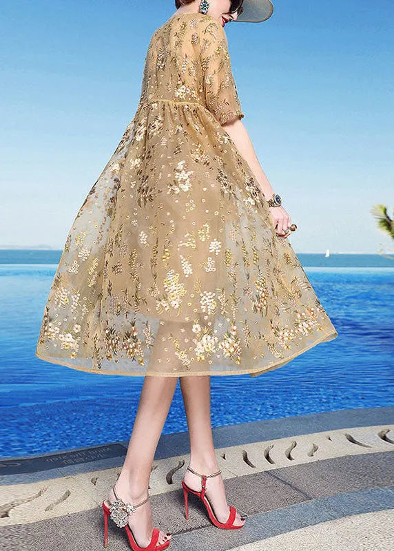 Unique Yellow Embroideried Patchwork Tulle Maxi Dress Summer