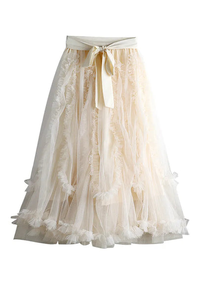 Modern Apricot Ruffled Bow Tie Waist Elastic Waist Tulle a Line Skirts Spring