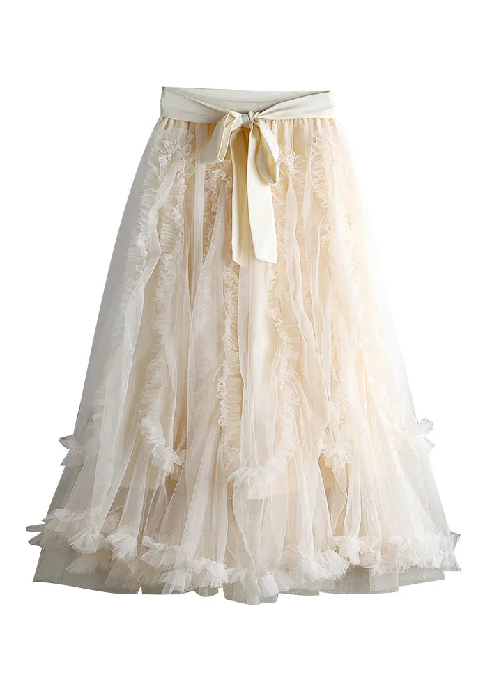 Modern Apricot Ruffled Bow Tie Waist Elastic Waist Tulle a Line Skirts Spring