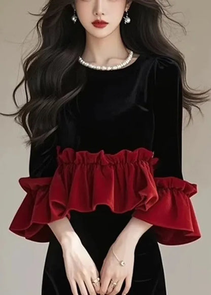 New Black Ruffled Tops and Skirts Patchwork Silk Velvet Two Pieces Set Fall
