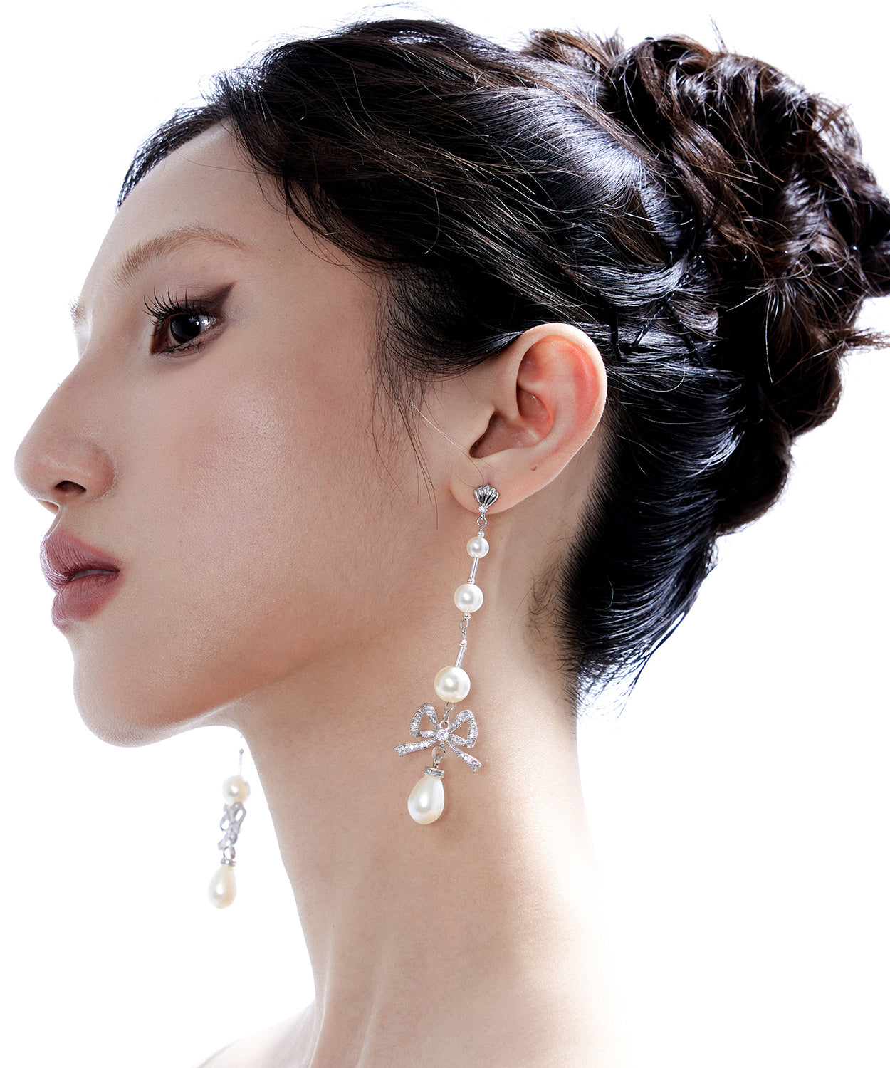 Pearl Bow Silver Long Drop Earrings Earrings