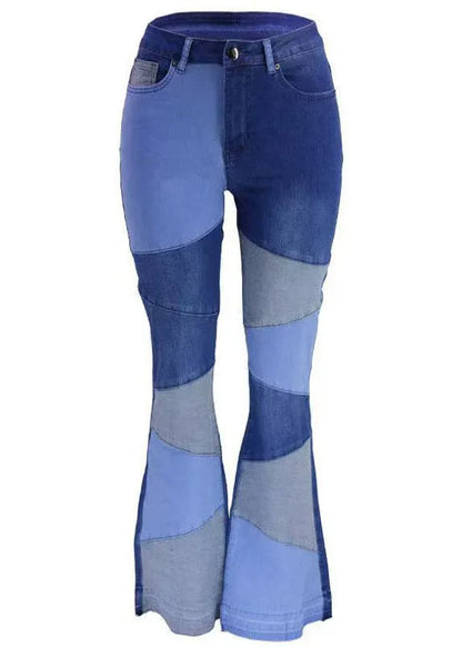 Unique Denim Blue High Waist Patchwork Flared Pants Summer