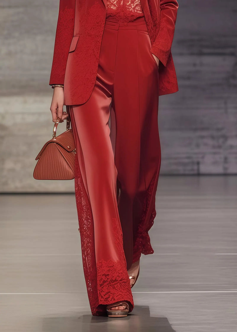 Boutique Red Oversized Patchwork Lace Spandex Coats and Straight Pantstwo Pieces Set Spring