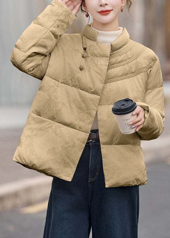 Khaki Stand Collar Chinese Button Duck Down Puffer Coat Winter