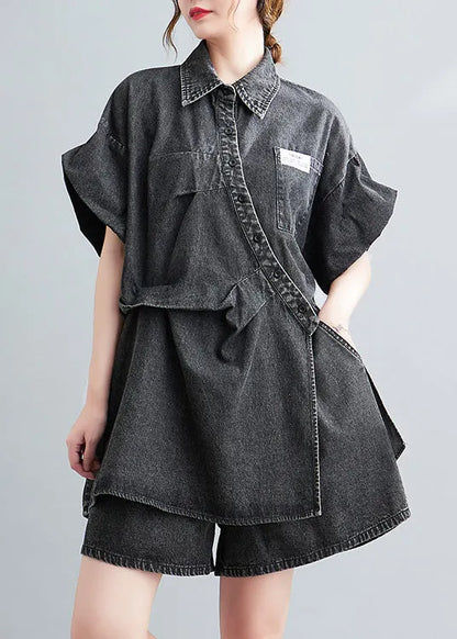 Denim Blue Peter Pan Collar Cotton Shirts and Shorts Two Pieces Set Summer