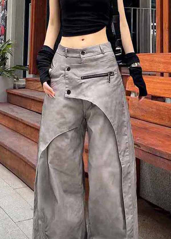 Grey Asymmetrical Pockets Patchwork Cotton Pants Spring