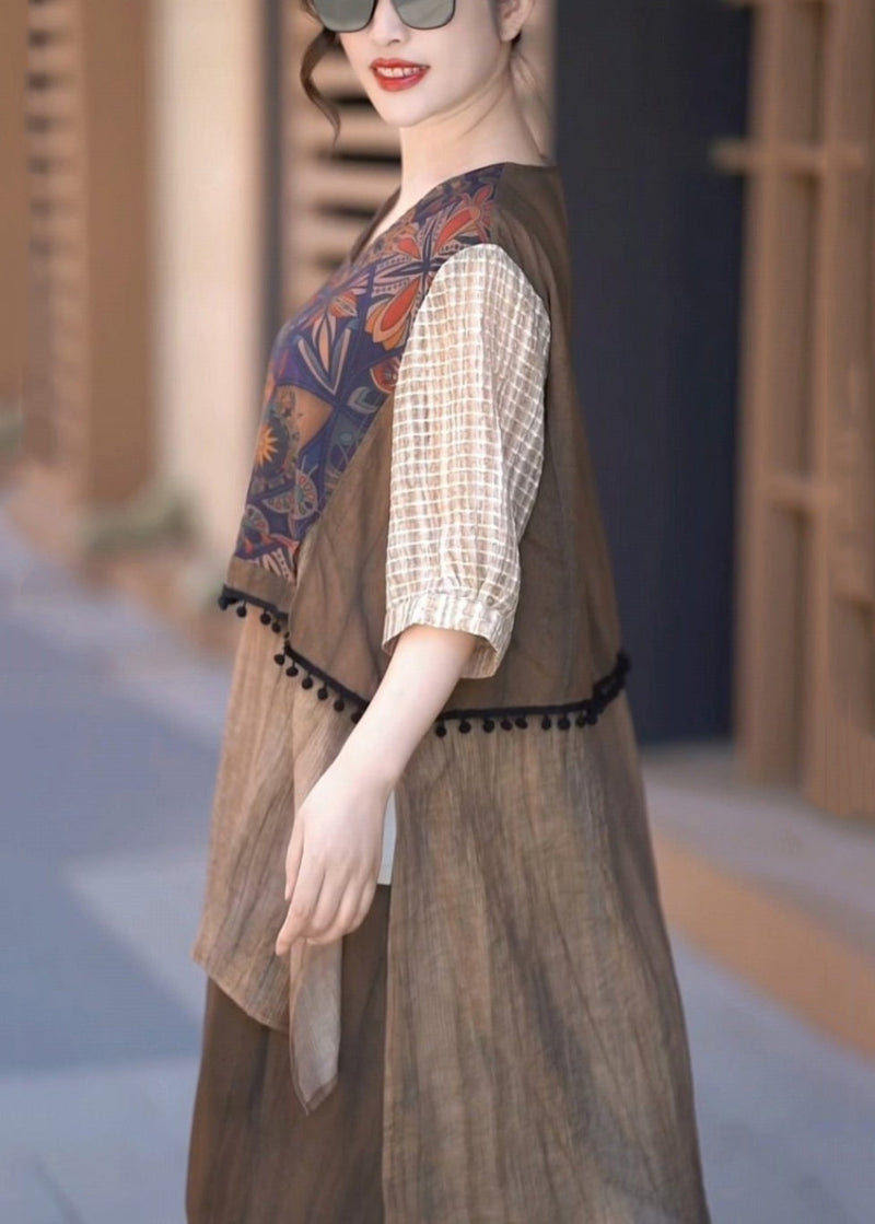 Coffee V Neck Low High Design Patchwork Silk Two Piece Set Half Sleeve