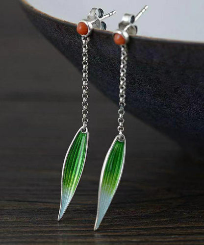 Retro Green Sterling Silver Agate Cloisonne Enamel Bamboo Leaf Drop Earrings