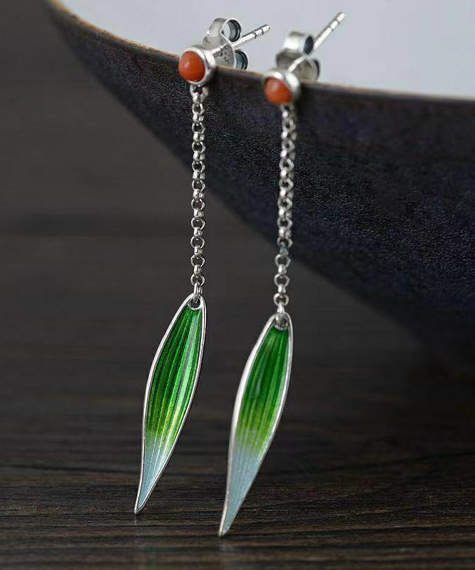 Retro Green Sterling Silver Agate Cloisonne Enamel Bamboo Leaf Drop Earrings